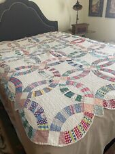 vintage hand made patch work quilt, wedding ring, country farmhouse 62x78 picture