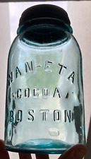 Vintage WAN-ETA COCOA BOSTON Aqua Blue Embossed Quart Fruit Jar Zinc Lid Bubbles picture