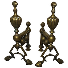 Pair Fine Antique 19th Century Victorian Brass Fire Dogs Reeded Finials Paw Feet picture