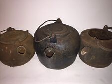 Lot Of 3 ~ Vintage Rustic Cast Iron Pots Kettle Lid Handle Tea Water Home Decor picture