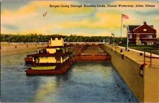 Vintage Postcard Joliet IL Illinois Barges Going through Brandon Locks     C-423 picture