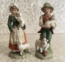 Vintage Lefton #728 Figurines-Boy & Girl w/Lambs-Porcelain-Made in Japan picture