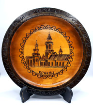 Vintage Handmade Polish Ornate Wooden Carved Brass Inlay Decorative Plate-Krakow picture