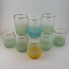 Vtg Libby Pastel Frosted Juice Glasses Gold Atomic MCM Set of 8 - 4”= 3 3” = 5 picture