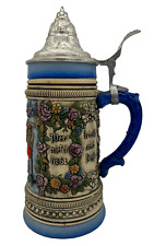Thewalt Beer Stein Pewter Lid Music Blue Floral Vtg Alt-Grenzau Western Germany picture