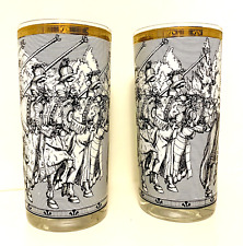 Cera Glass 2 High Ball Tumblers Set Medieval Knights MCM 22K Gold Trim Vintage picture