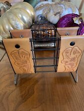 Vintage Mid Century Modern MCM Tooled Leather Metal Wire Letter Napkin Holder picture