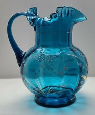 Vintage Collectible  Hand Blown Victorian Blue Pitcher Enamel Hand Painted  picture