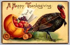 Ellen H Clapsaddle Thanksgiving~Turkey Pulls Pumpkin Cart Full Of Fruit~Emb~1909 picture