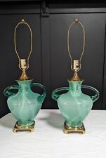 Pair Of Fenton Double Handled Green Glass Lamps 27