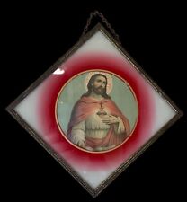 Antique Flue Cover Sacred Heart Of Jesus Reverse Painted Glass 5.5” Square  picture