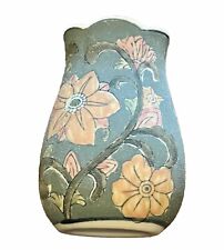VTG Asian Ceramic Vase 42 Floral Sandy Textured Glaze Scallop Edge Blue 8” picture