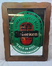 Vtg Heineken Lager Beer Brewed In Holland Sign Glass Wooden Frame 15x19