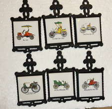 Vintage Automobiles Ceramic Cast Iron Hanging Trivets Taiwan Set Of 6 picture