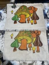 LOT x2 Vintage Mushroom Groovy Fringed Kitchen Hand Dish Towel Yellow Orange 70s picture
