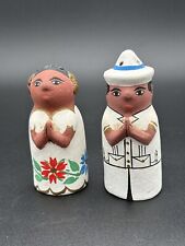 Vintage Unique Folk Art Figural Clay Salt and Pepper Shakers 4in Tall picture