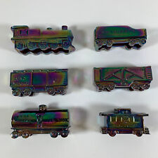 VTG Boyd Special Purple Green Yellow Iridescent Molded Glass Train Set, 6 Pcs picture