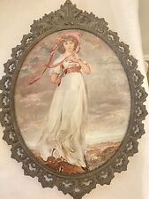 Antique Oval Convex Glass Brass Frame Victorian Girl Pinkie Mad In Italy. picture