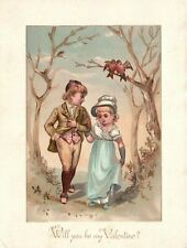 1880s-90s Young Girl and Boy Walking Will You Be My Valentine Trade Card picture