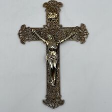 Vintage Gold Tone Crucifix Ornate Filigree Metal Cross Wall Hanging Catholic God picture