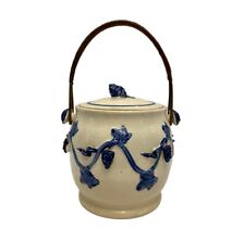 Antique Ceramic Biscuit Jar Grape Motif with Lid & Wicker Handle Japan picture