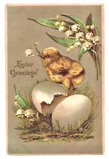 Easter Greeting Chick With Eggs Lily of Valley Gilded Embossed WOB (A258)  picture