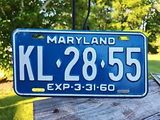  Vintage 1959-60 Maryland License Plate  #KL-28-55 White On Blue  picture