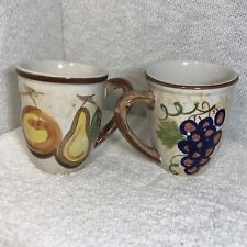 Vintage Stoneware Handpainted Fruits Grapes Pears Oranges 12oz Coffee Tea Mugs picture