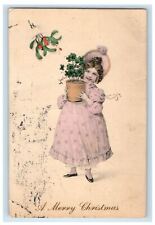 c1905 Merry Christmas Girl Dress Shamrock Pot Concord New Hampshire NH Postcard picture
