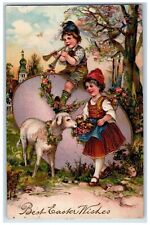 c1910's Easter Wishes Girl Boy On Top Of Giant Egg Trumpet Lamb Flowers Postcard picture
