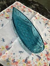 Vintage Aqua Blue Cut Glass Boat Shaped Serving Dish Bowl 13