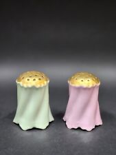 Antique c.1920's Porcelain Salt and Pepper Shakers Pink / Purple And Jade Green picture