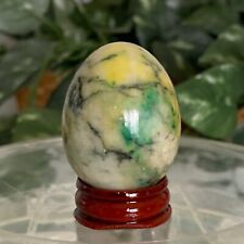 Vintage Italian Alabaster Carved Egg Polished With Wood Stand ITALY MCM 1.75