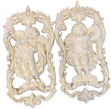 Pair of vintage gorgeous cherub angel wall plaques wall decor shabby chic scroll picture