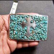 Nocona Buckles Western Belt Buckle With Cross And Turquoise Stones Silver Tone  picture