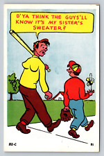 Vintage Funny Postcard Comic Humor Tight Girlie Sister Sweaters Baseball Players picture
