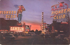 Postcard Pioneer Club Neon Sign Old Cars Las Vegas Nevada NV picture
