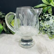 Vintage Etched Glass Wine Carafe Pedestal Pitcher Wheat Applied Handle Ice Lip picture