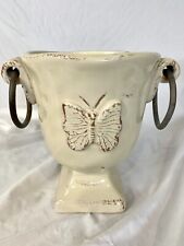 Shabby Ceramic Vase Urn Butterfly Planter ~ Iron Ring Handles 7.25”h picture