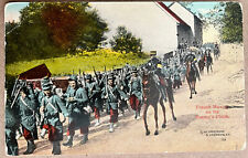 WWI French Infantry Marching through Village on Horses Military Antique Postcard picture