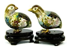 Vintage Cloisonne Enamel Bird Pair of Quail Partridge Figurines with Wood Stand picture