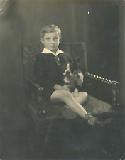RARE Antique Photo 1920's 7x9 - Boy with a French Bulldog picture