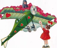 Large Vintage Antique Die Cut Scrap -Boy Girl Airplane Valentine 5.5x6.25 inches picture