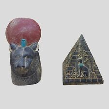 RARE ANCIENT EGYPTIAN PHARAONIC ANTIQUE HEAD OF SEKHMET GOD AND PYRAMID STATUE picture