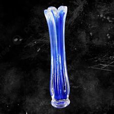 Vintage 1980s Art Glass Swung Vase With Cobalt Blue Clear Edges Glass Vase VTG picture