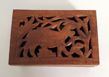 Vintage Hand Carved Wood Box Deer Design Velvet Lined Keepsake Trinket picture
