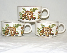 Vintage 70s Ceramic Soup Bowls W/ Handles Mushrooms & Butterfly Design Set Of 3 picture