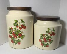 2 Vintage Hyalyn Pottery Strawberry Canisters With Wooden Lids picture