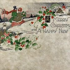 Vintage Early Mid Century Christmas Greeting Card Victorian Family Parchment picture