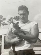 Z4 Photograph 1940-50's Handsome Tough Guy Holding Siamese Cat Sleeveless Shirt picture